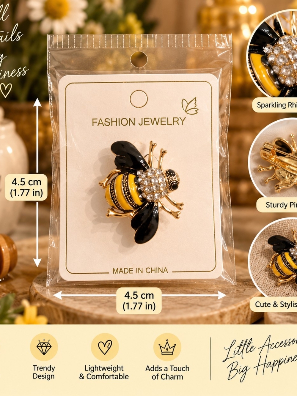 Fashion Jewelry Yellow & Black Bee Brooch Pin with Rhinestones